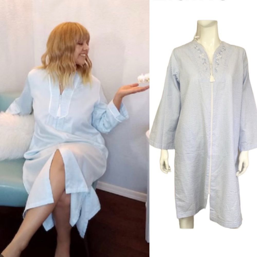Miss Elaine Womens Blue Striped Floral Embroidered Zip Tassel Long Sleeve Robe S